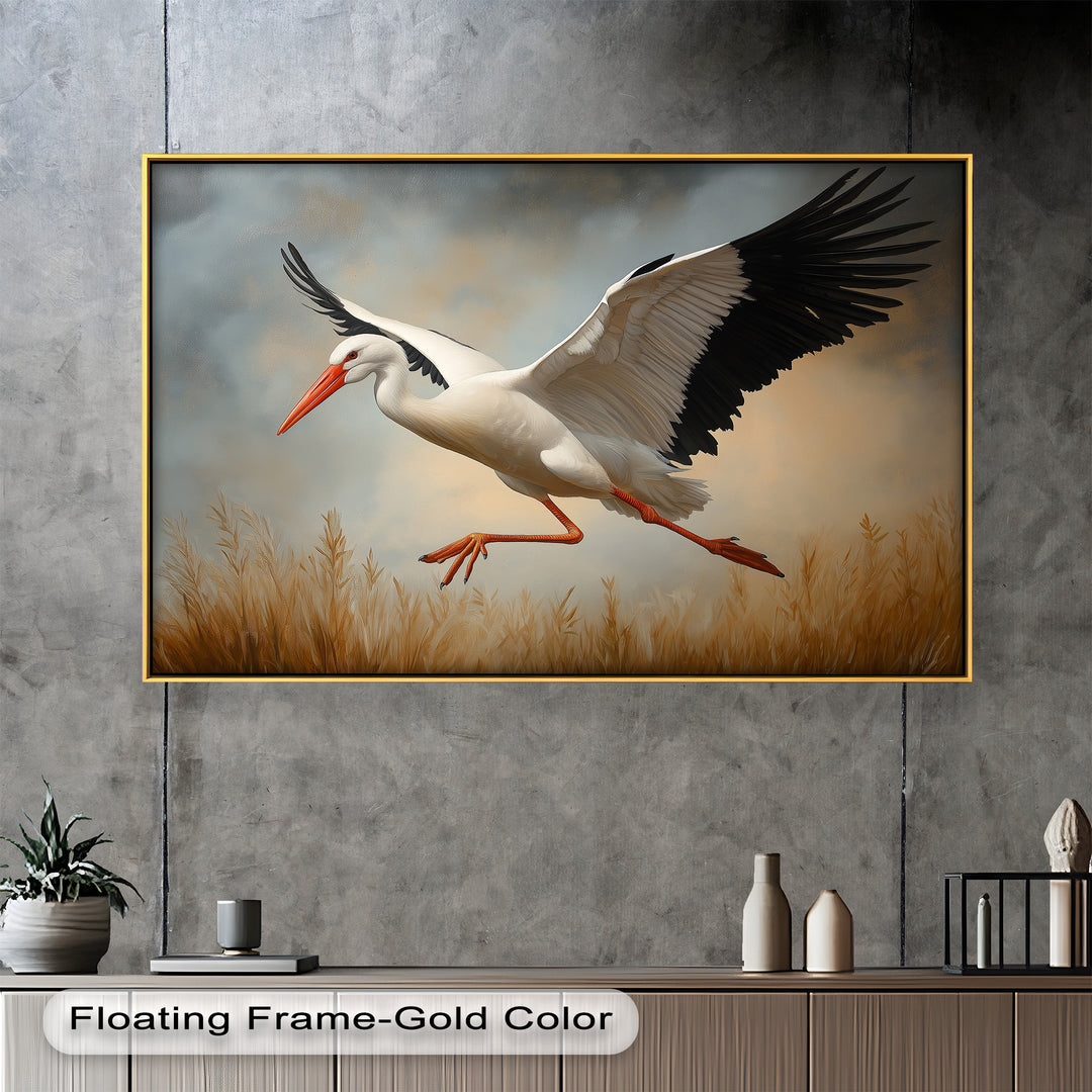 Stork in Flight over Golden Grasses – Animal Oil Painting