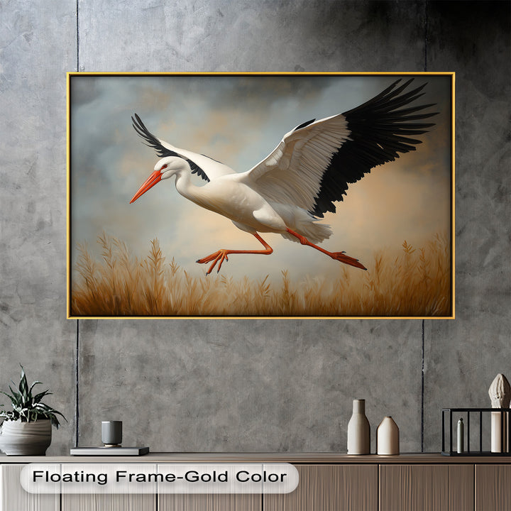 Stork in Flight over Golden Grasses – Animal Oil Painting