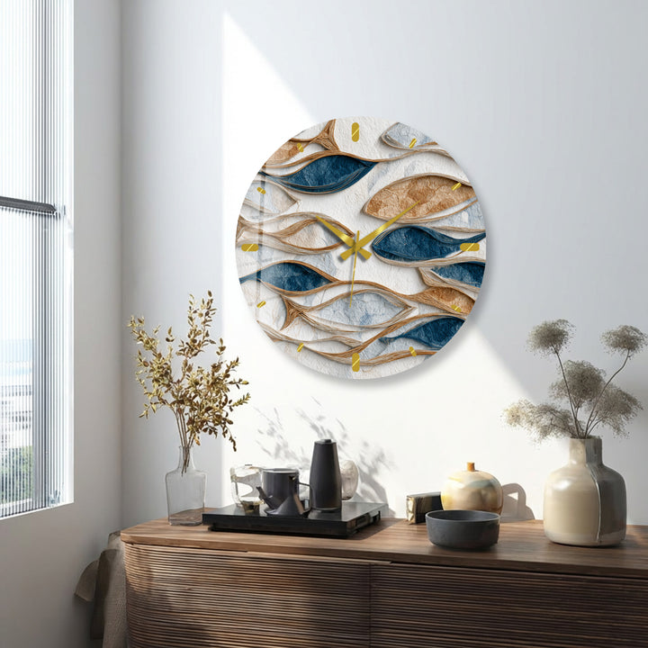 Blue and Beige Glass Wall Clock – Modern Organic Abstract Art