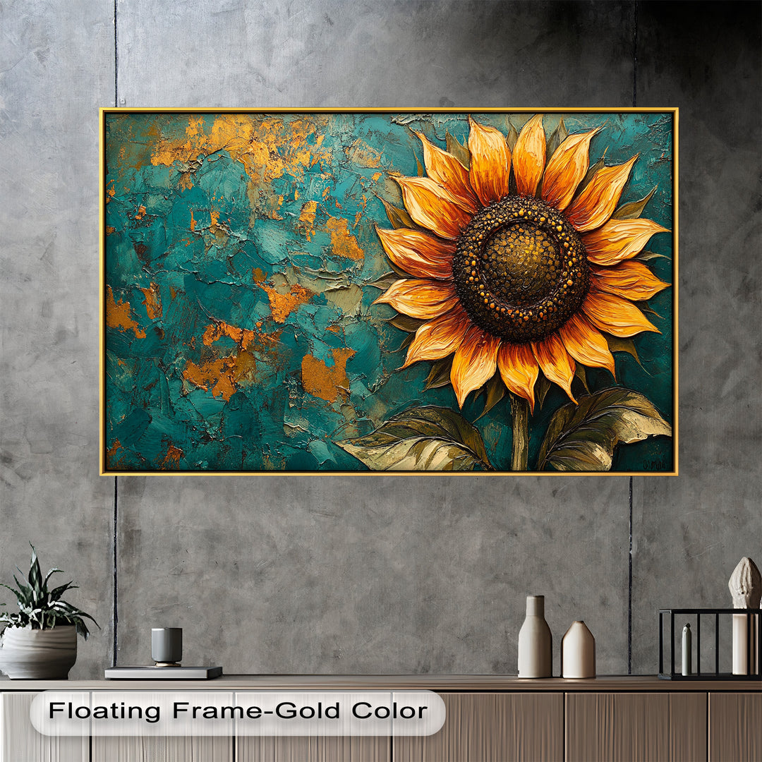 Sunflower on Textured Teal - Flower Oil Painting