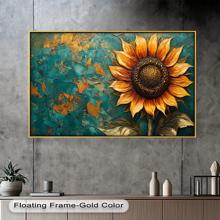 Sunflower on Textured Teal - Flower Oil Painting