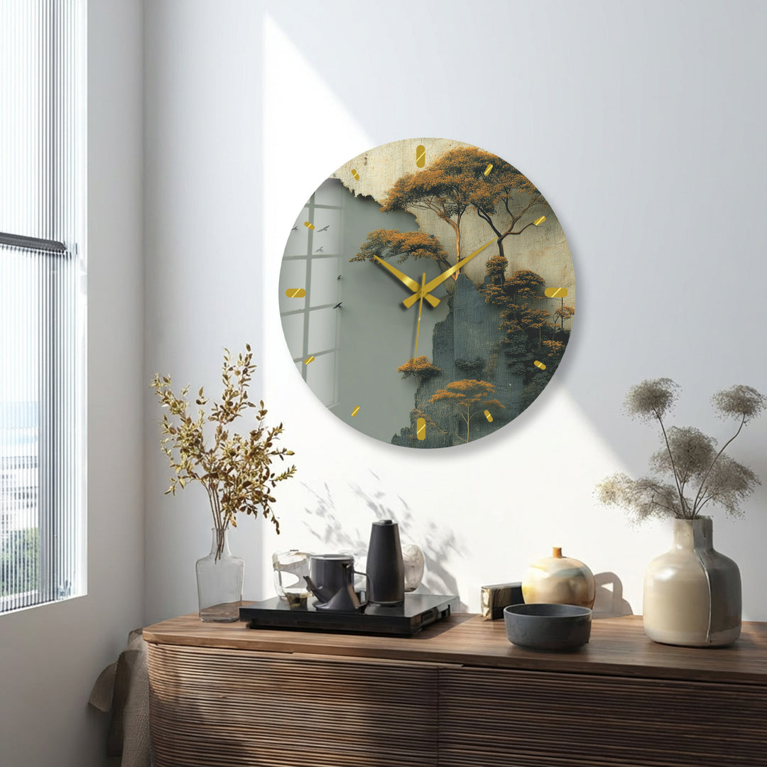 Misty Forest Glass Wall Clock – Golden Mountain Landscape
