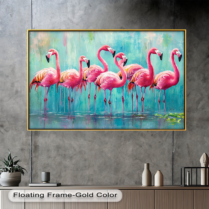 Flamingoschwarm auf dem Wasser – Tierölgemälde