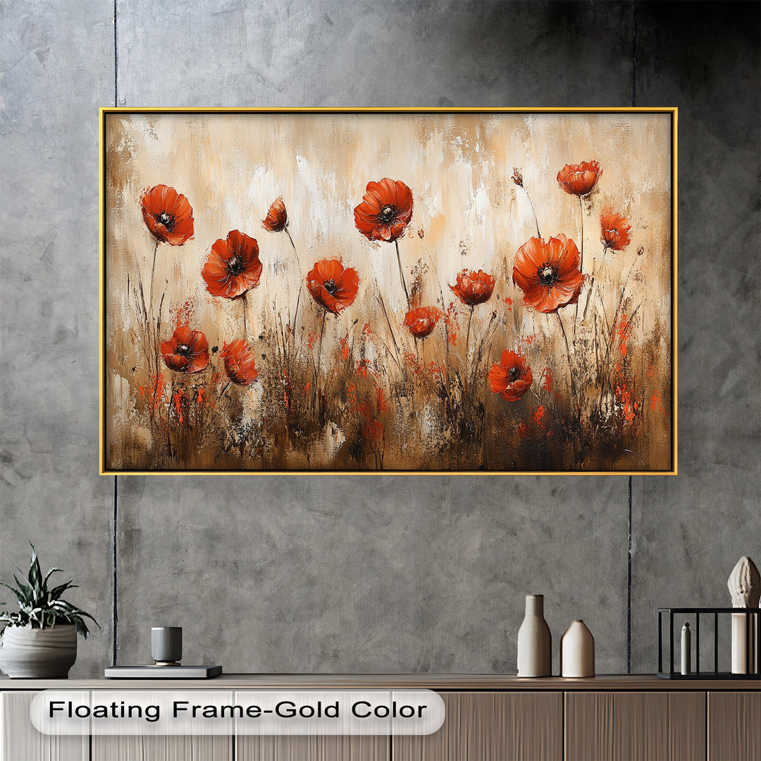 Fiery Meadow – Scarlet Poppies in Earth-Toned Field Flower Oil Painting