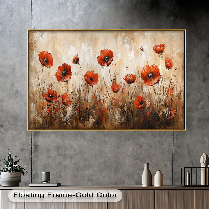 Fiery Meadow – Scarlet Poppies in Earth-Toned Field Flower Oil Painting