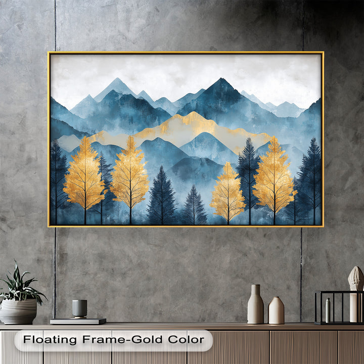 Blaue und goldene Aquarell-Berglandschaftskunst – Atemberaubende Ölgemälde