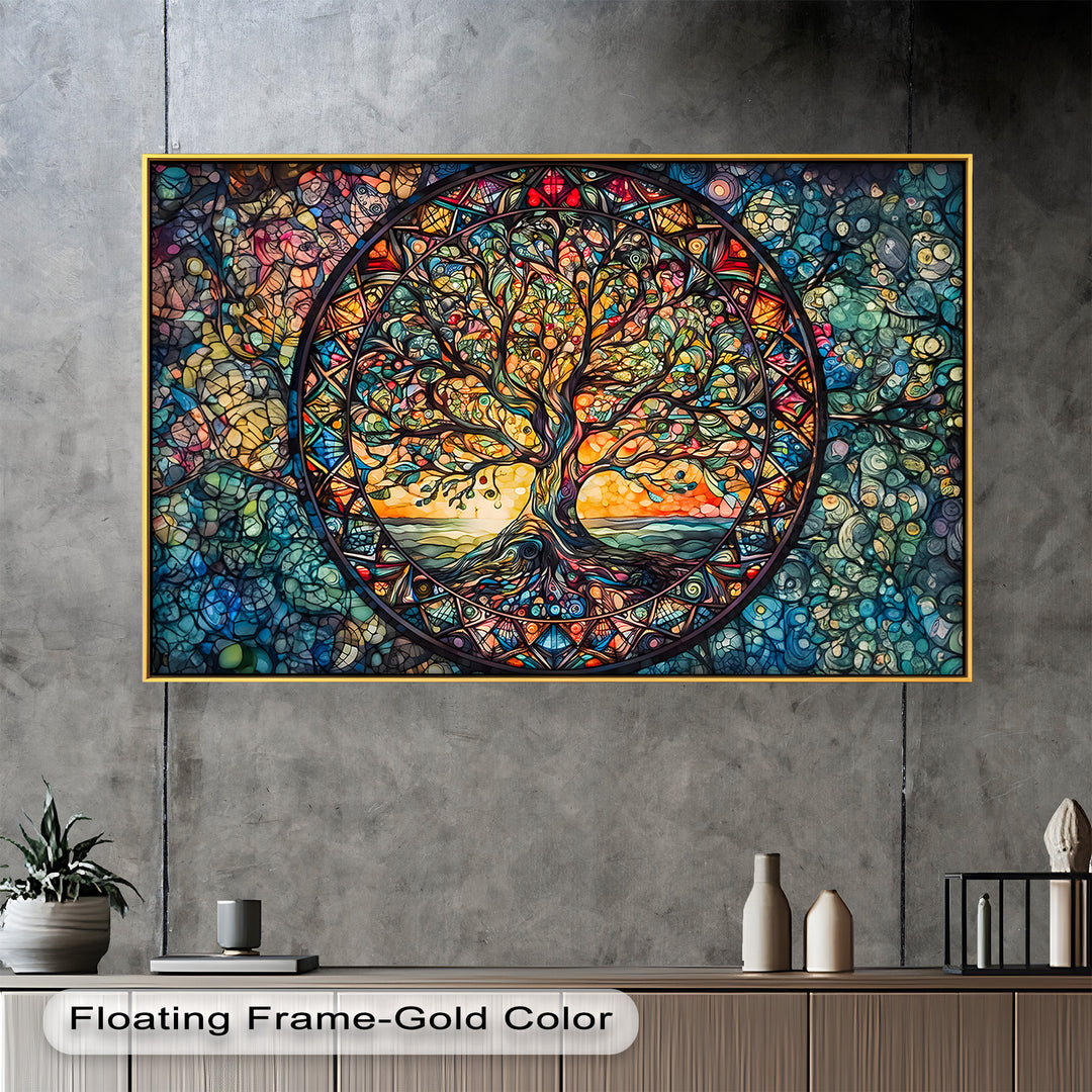 Surrounding the tree, the kaleidoscopic mosaic of colors and shapes evokes spiritual energy and cosmic harmony.

