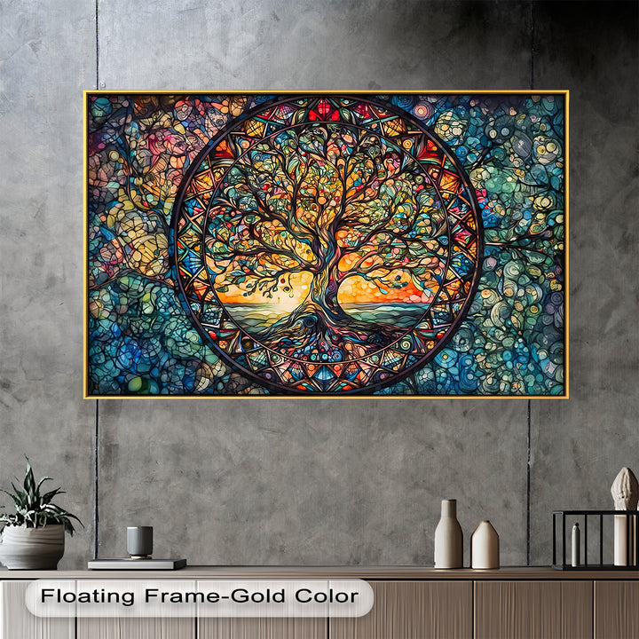 Surrounding the tree, the kaleidoscopic mosaic of colors and shapes evokes spiritual energy and cosmic harmony.

