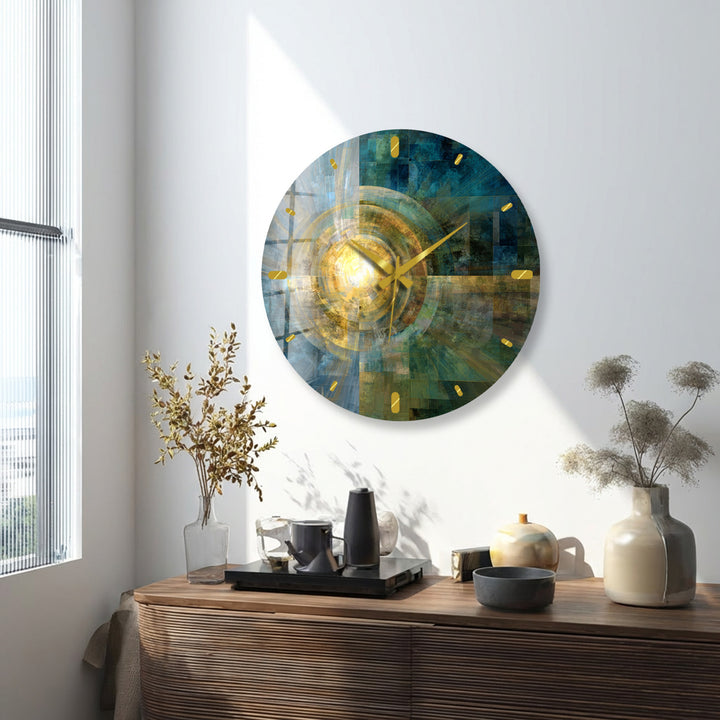 Teal and Gold Glass Wall Clock – Abstract Geometric Art