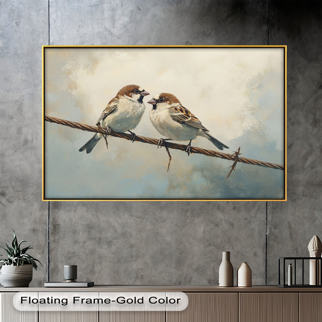 Two Sparrows on a Wire – Bird Oil Painting