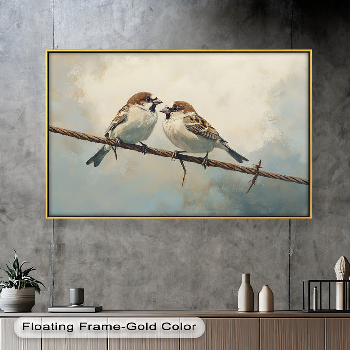 Two Sparrows on a Wire – Bird Oil Painting