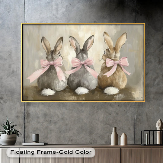 Delicate pink bows add a touch of softness to this animal oil painting reproduction print of three bunnies.