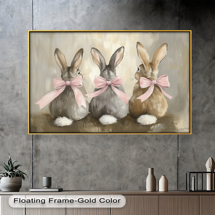 Trio of Bunnies with Pink Bows – Animal Oil Painting