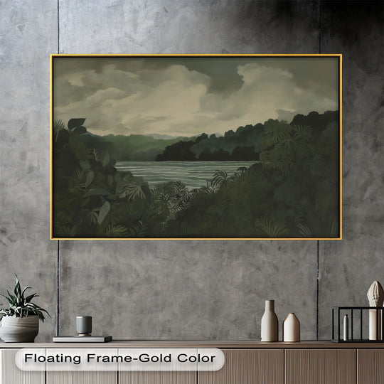 Featuring a sleek gold edge, this tropical river wall art showcases a jungle landscape oil painting decoration, adding depth and elegance.