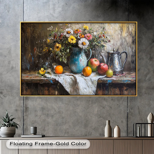 The vibrant focal point showcases a rustic still life oil painting reproduction print featuring lush flowers, ripe fruit, and a vintage pitcher against an impressionistic background.