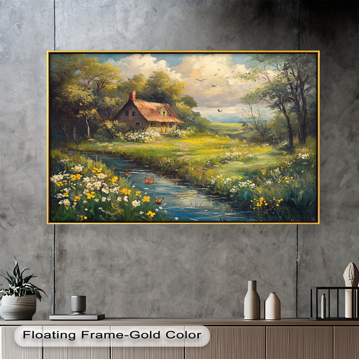 Vintage Frühlingslandschaft – Gerahmtes Ölgemälde