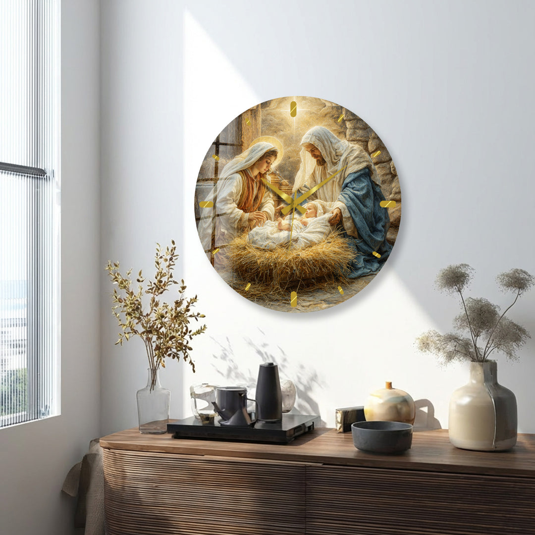 Nativity Scene Glass Wall Clock – Holy Family Christmas Decor