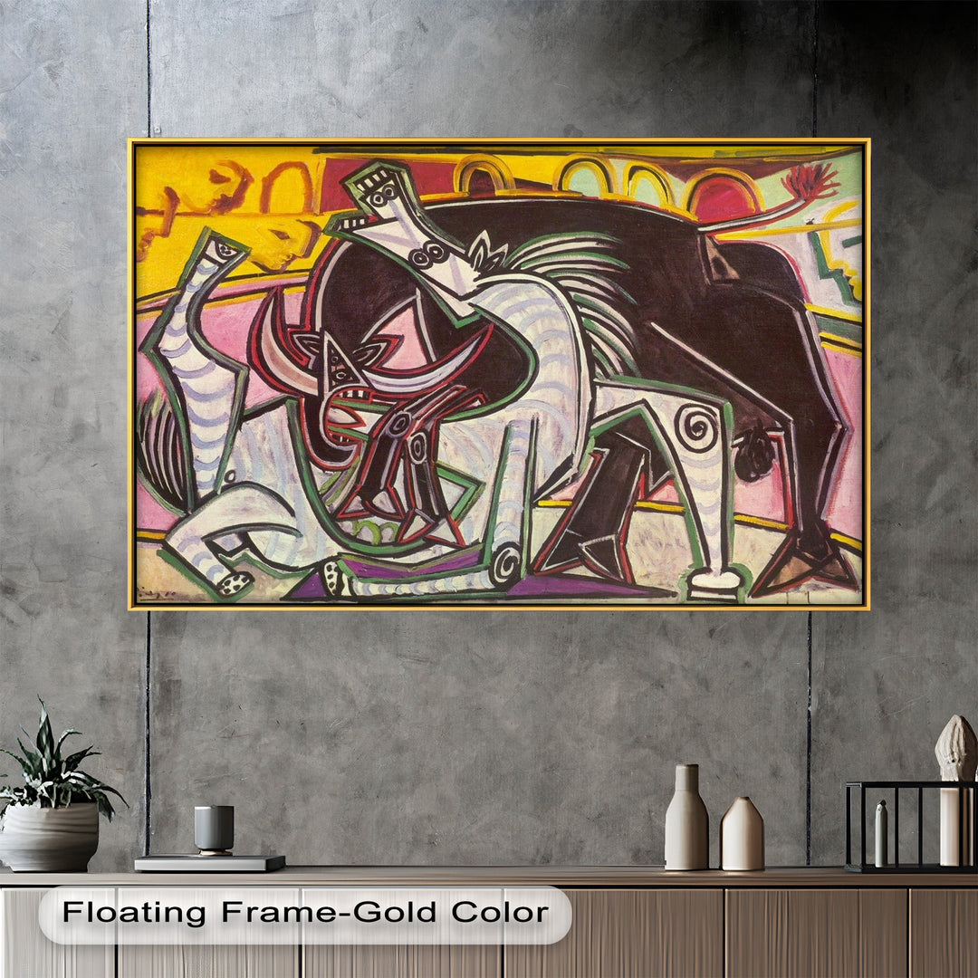 A dramatic and stylized bullfight scene with contorted figures and vivid colors, rendered in a bold, abstract expressionist style.