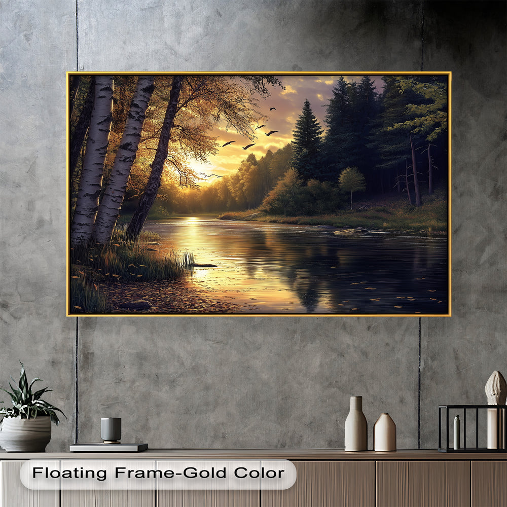 Golden sunset reflecting on a calm river, surrounded by trees and the gentle movement of birds in the sky.