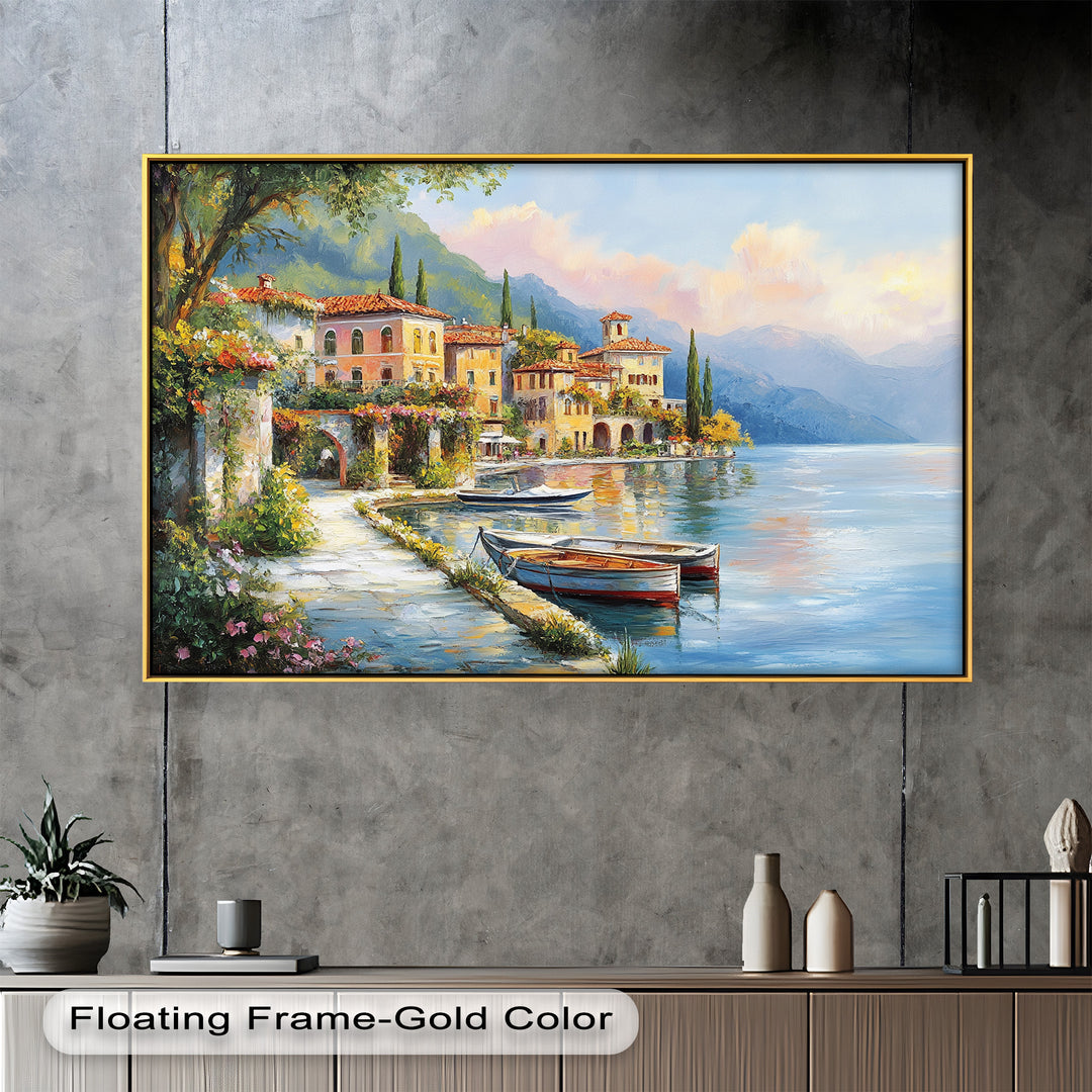 This vibrant painting captures the charm of a Mediterranean lakeside village, with colorful villas, lush flowers, and boats gently floating on calm waters.
