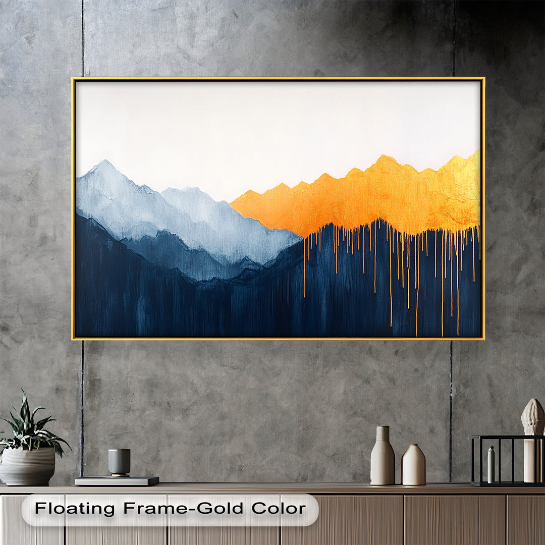 Modern abstract mountain painting with deep blues and gold accents.
