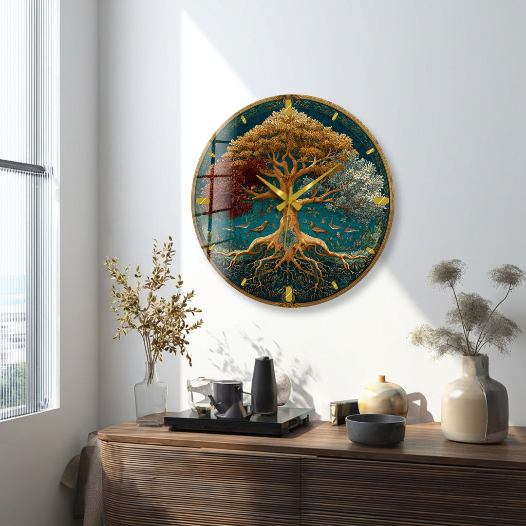 Four Seasons Tree of Life Glass Wall Clock – Botanical Decor