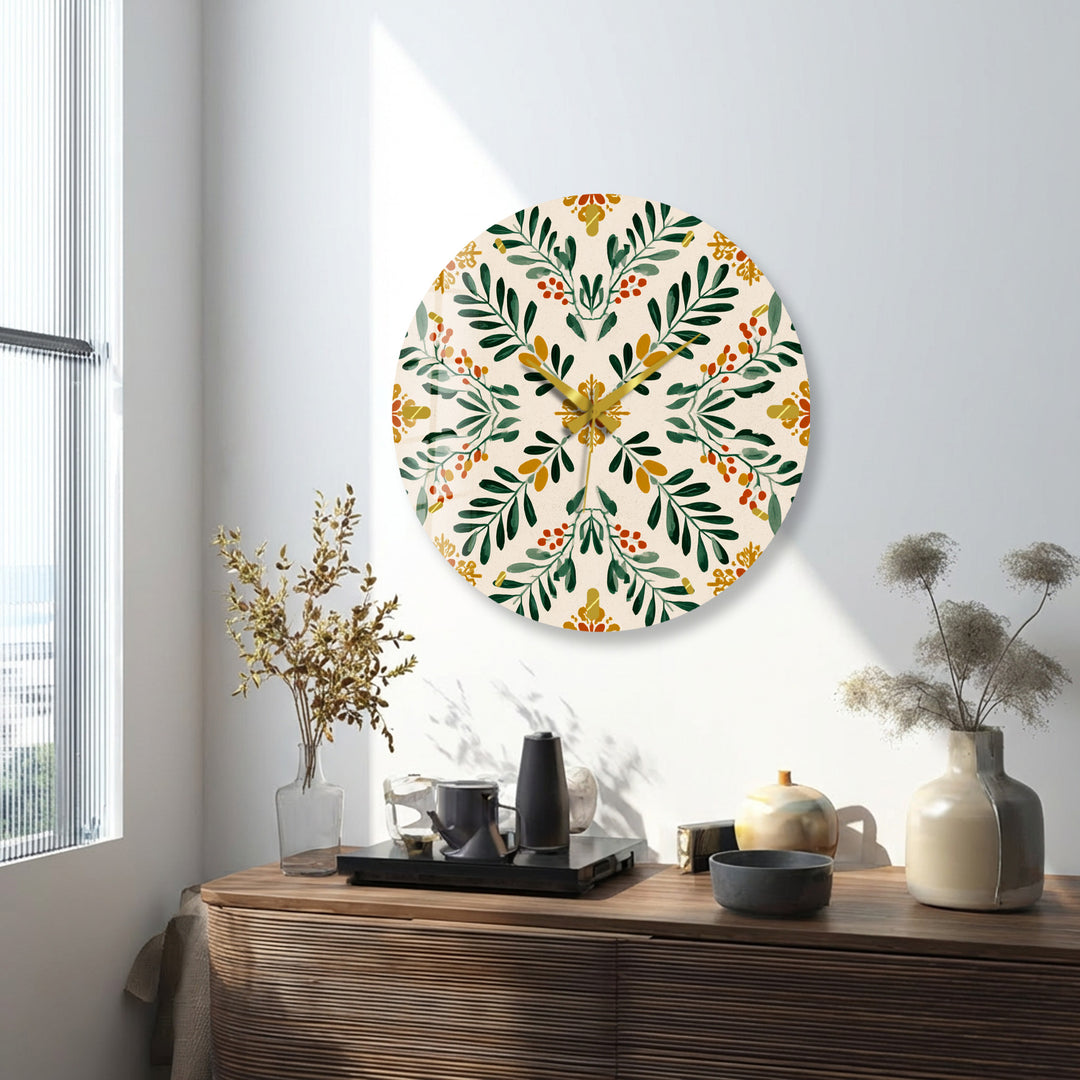 Botanical Glass Wall Clock – Green Leaf Farmhouse Decor