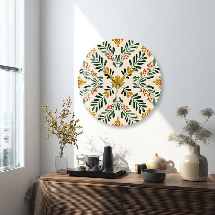 Botanical Glass Wall Clock – Green Leaf Farmhouse Decor