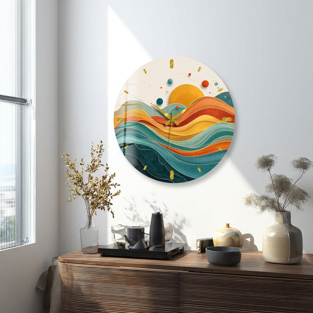 Retro Sunset Glass Wall Clock – Abstract Boho Wave Art