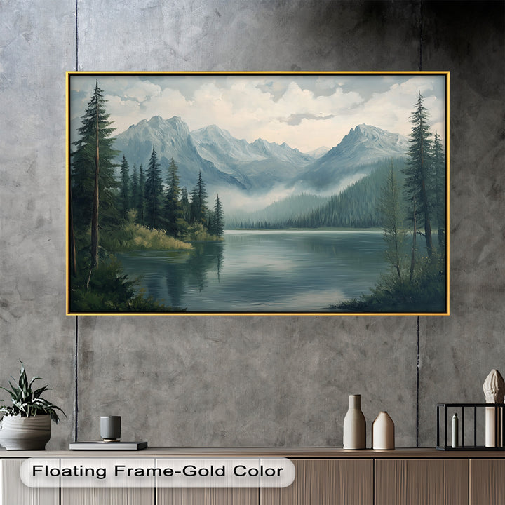 A quiet lakeside scene in the mountains, with soft mist and reflected skies creating a sense of calm.

