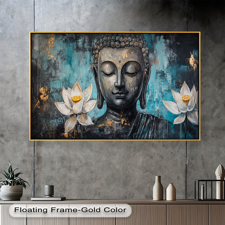 A harmonious blend of spirituality and nature, featuring Buddha’s calm expression framed by luminous lotus blossoms and abstract tones.