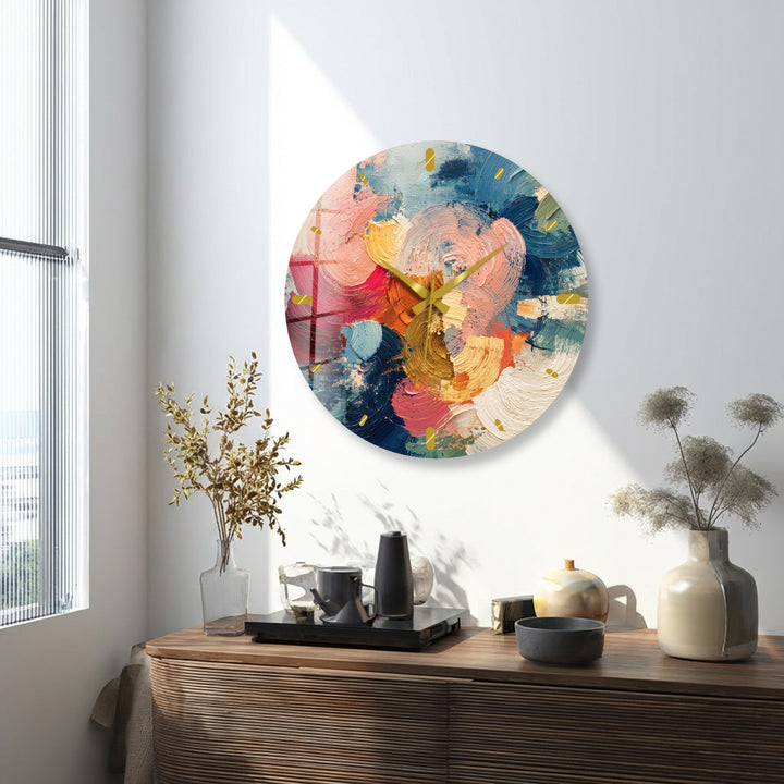 Colorful Abstract Glass Wall Clock – Textured Brushstroke Art