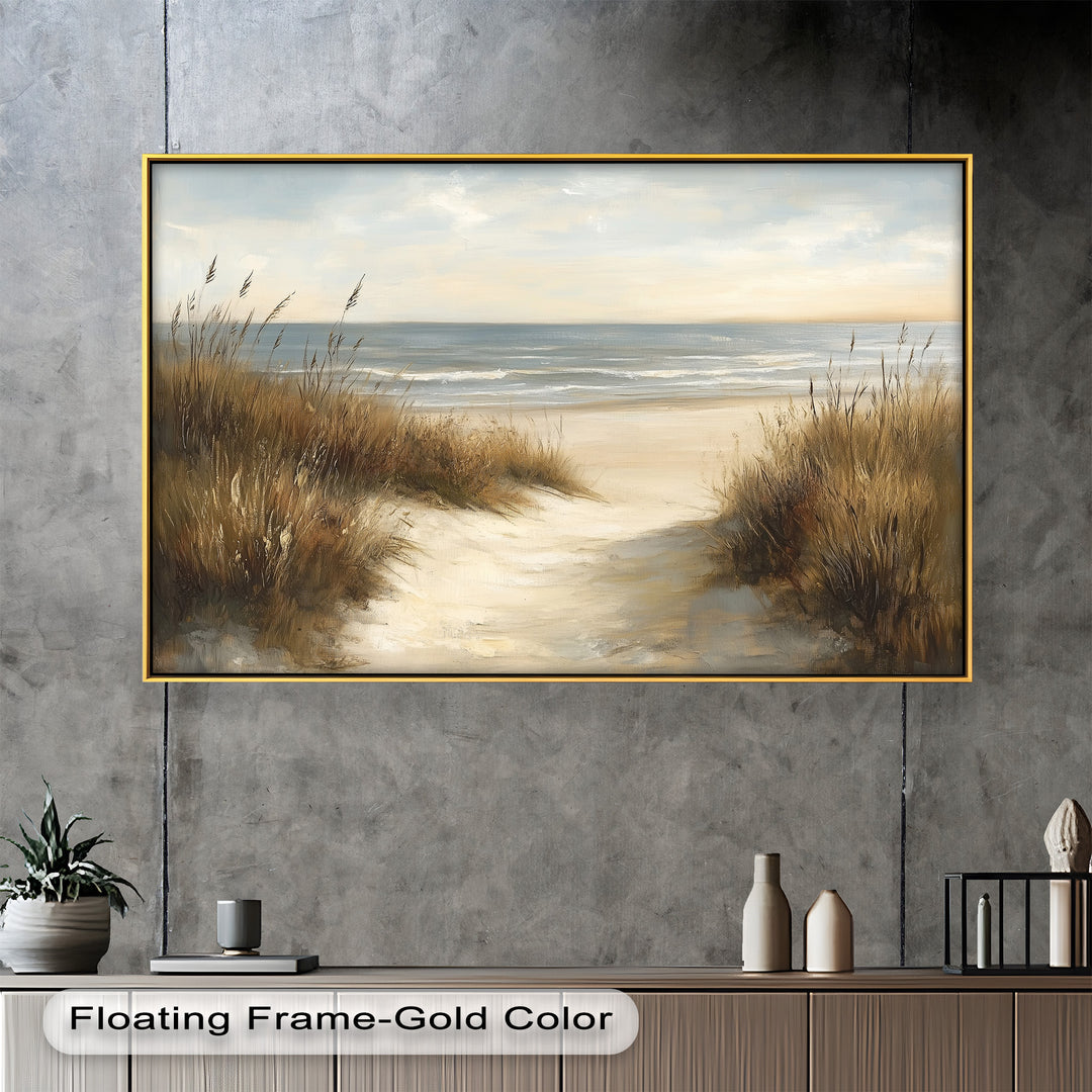 This peaceful coastal painting captures a sandy path leading through tall beach grass to a calm ocean under soft golden light.