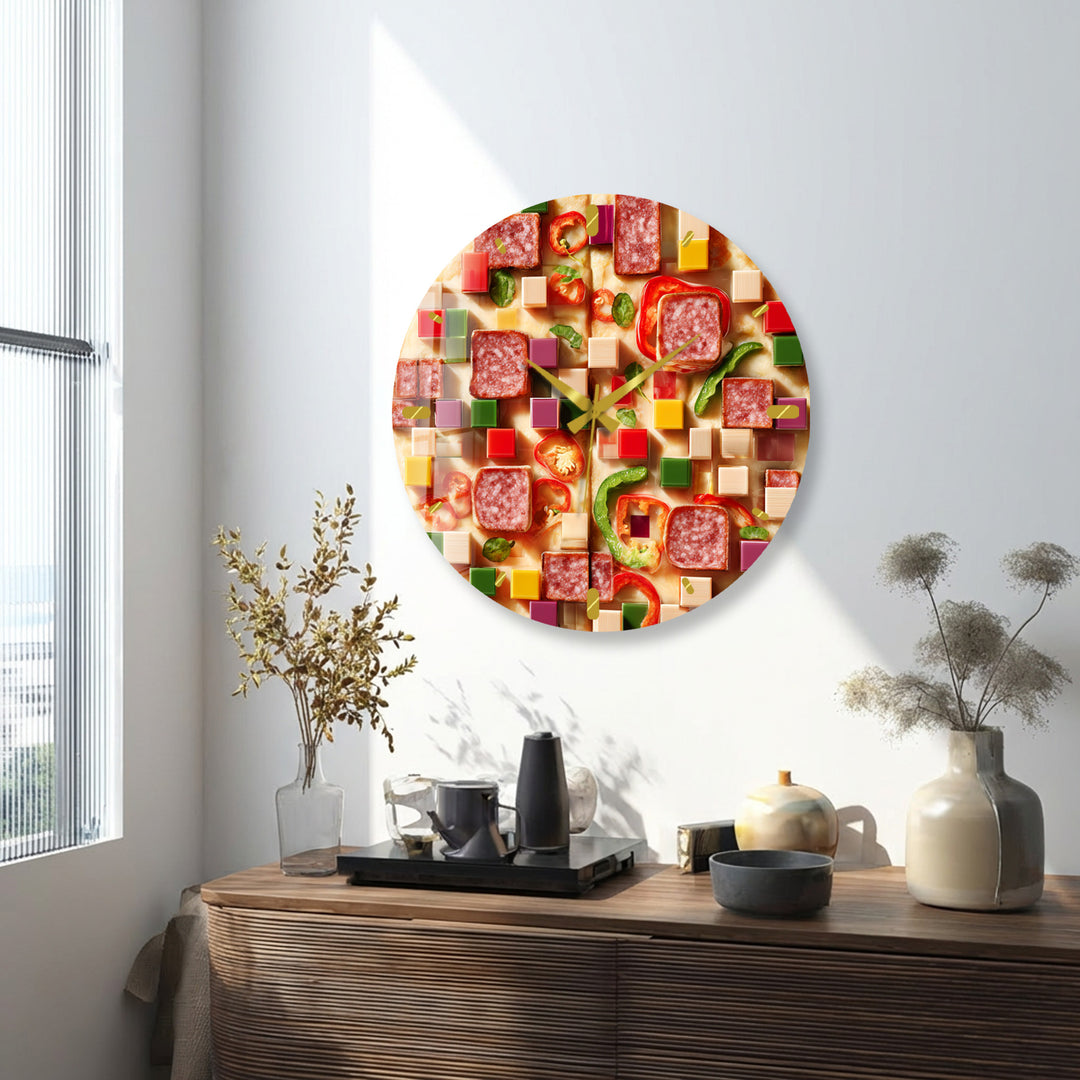 Pizza Glass Wall Clock – Colorful Kitchen Food Decor