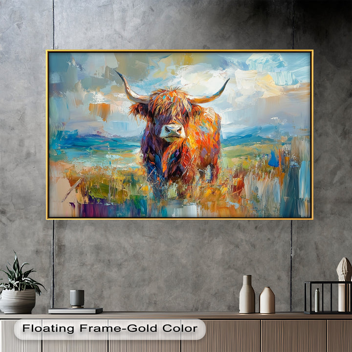Highland Cow in Windswept Fields - Animal Oil Painting