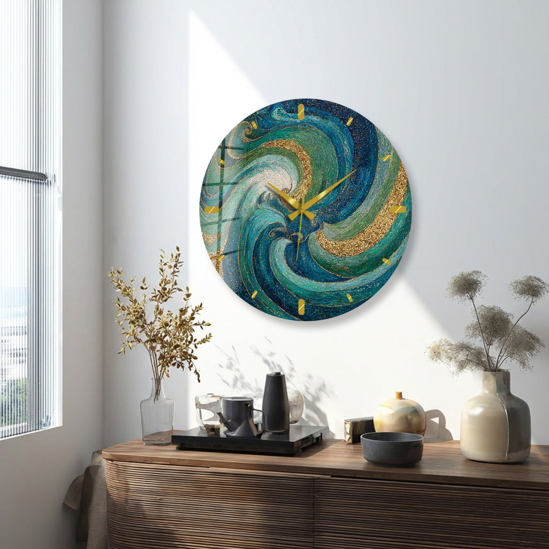 Türkisfarbene Mosaik-Glas-Wanduhr – abstraktes Wirbeldekor