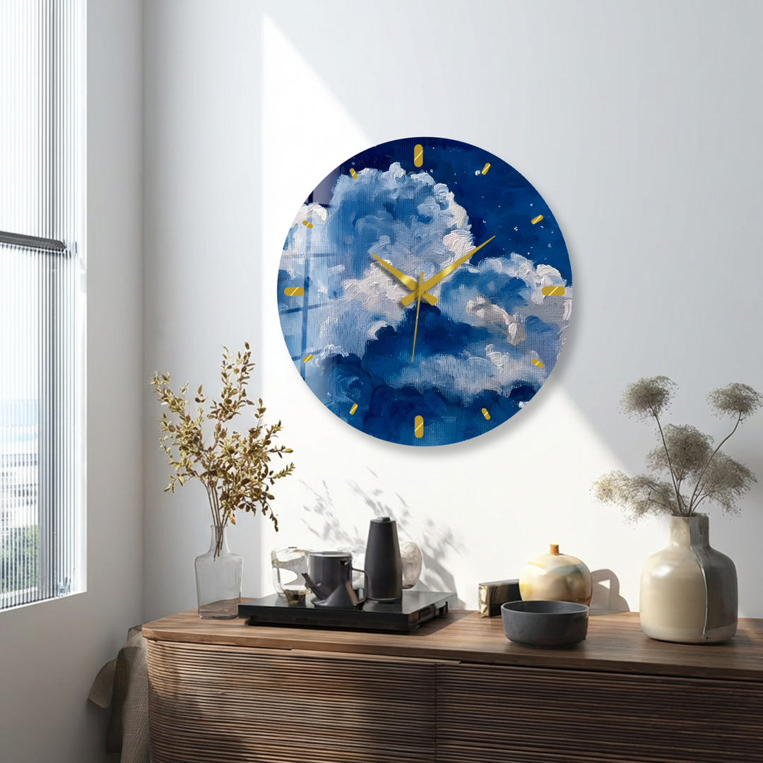Blaue Wolke Glaswanduhr – abstrakte Himmelswanddekoration