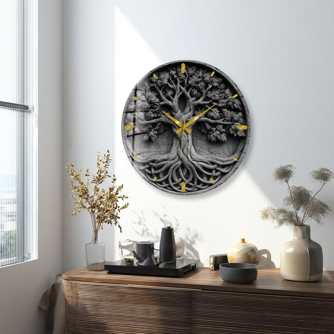 Black and White Tree of Life Glass Wall Clock – Celtic Style Art