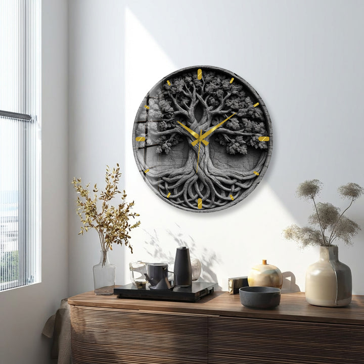 Black and White Tree of Life Glass Wall Clock – Celtic Style Art