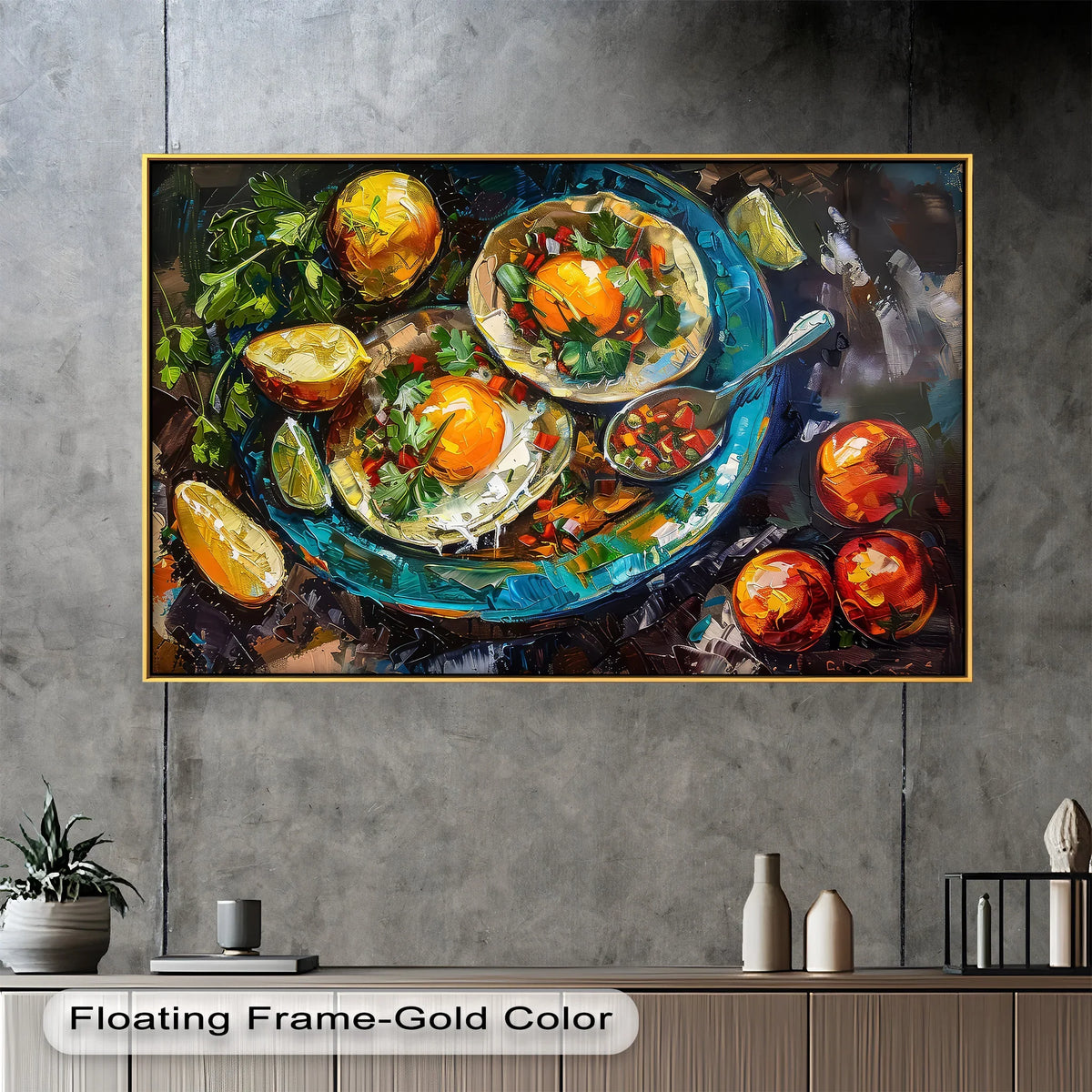 Captured with bold strokes, the painting's vibrant yellow egg yolks amidst fresh herbs create a sunny morning brunch oil painting decoration.