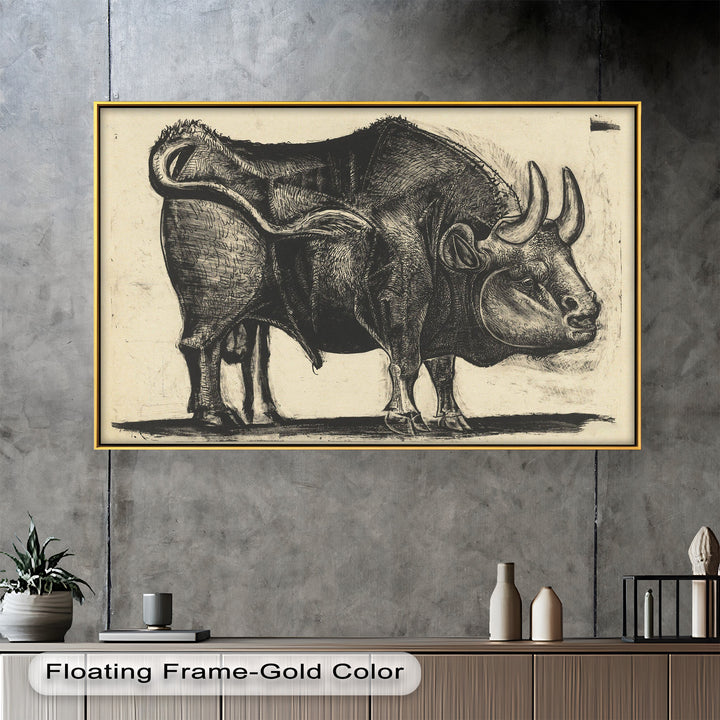 A dramatic animal study in ink, showing a muscular bull with expressive form and abstracted volume.

