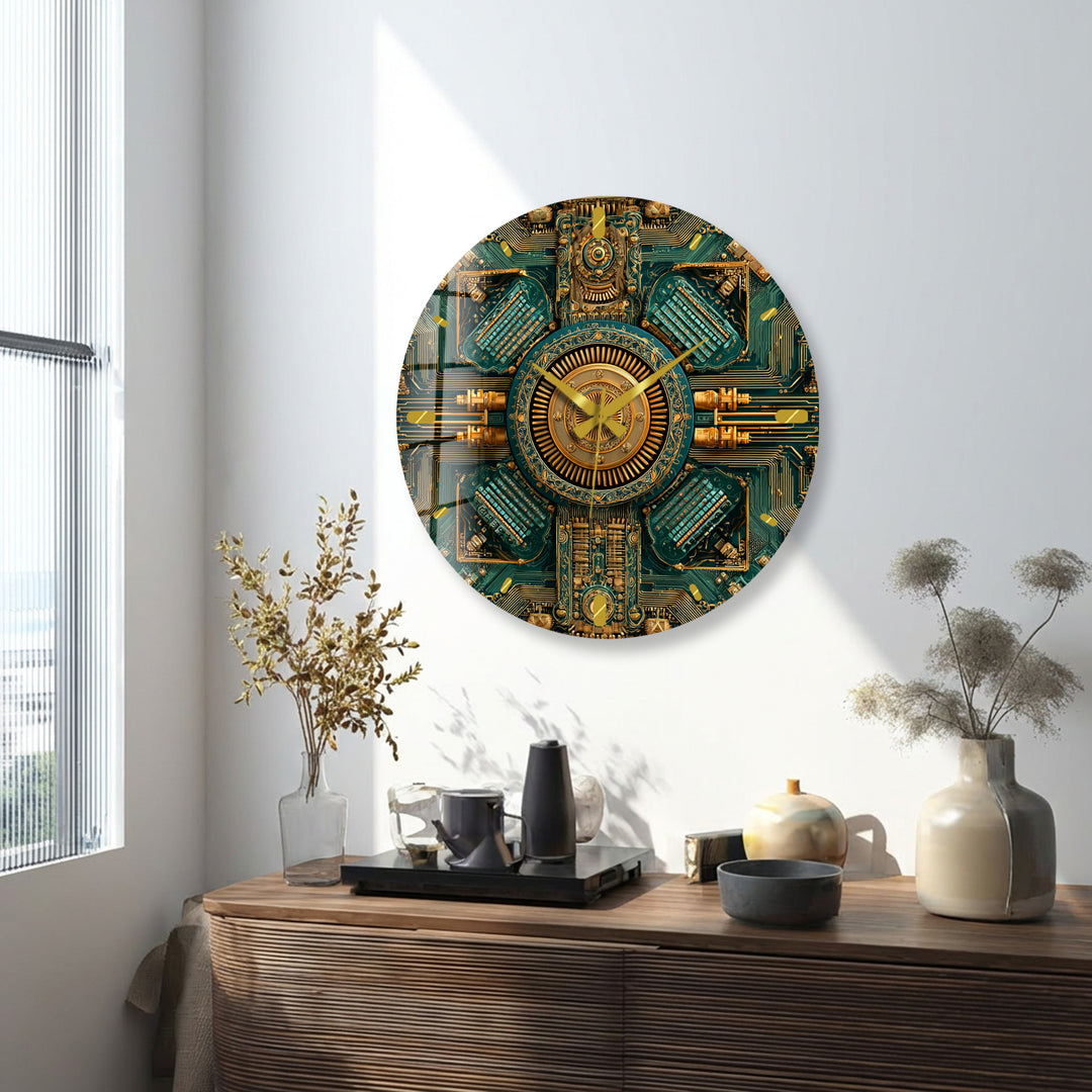 Steampunk-Wanduhr aus Glas – goldenes mechanisches Zahnraddekor