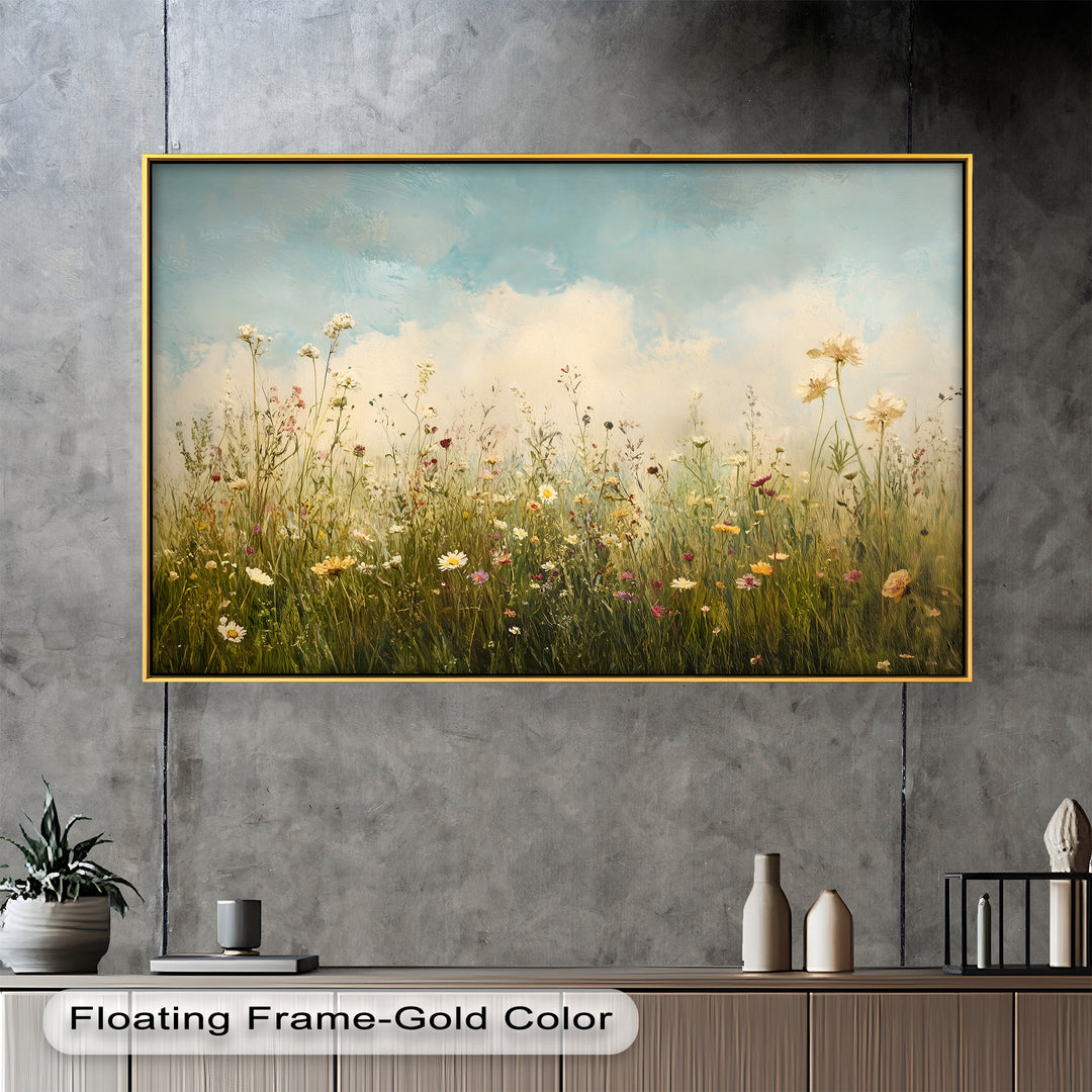 A serene oil painting of a wildflower meadow in full bloom, with delicate daisies, poppies, and other blossoms swaying beneath a soft blue sky.