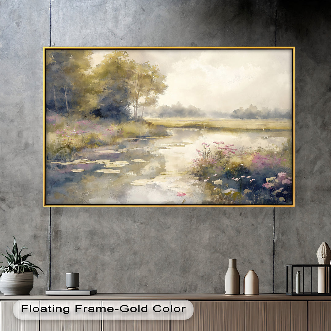This delicate painting captures a dreamy riverside scene with soft morning light and blooming wildflowers.