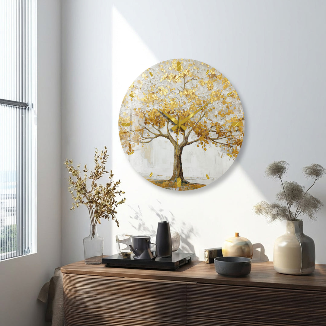Gold Tree of Life Glass Wall Clock – White and Gold Modern Decor