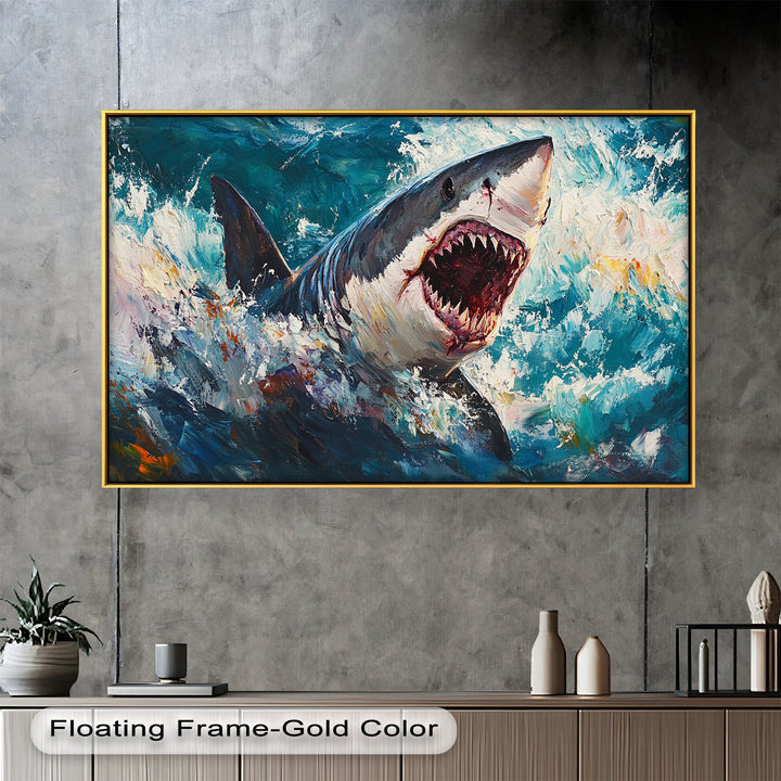Ferocious Shark Emerging from Turbulent Waters – Animal Oil Painting