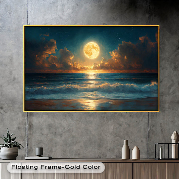 A captivating celebration of moonlight and sea, this artwork transforms a tranquil night scene into a timeless visual experience.