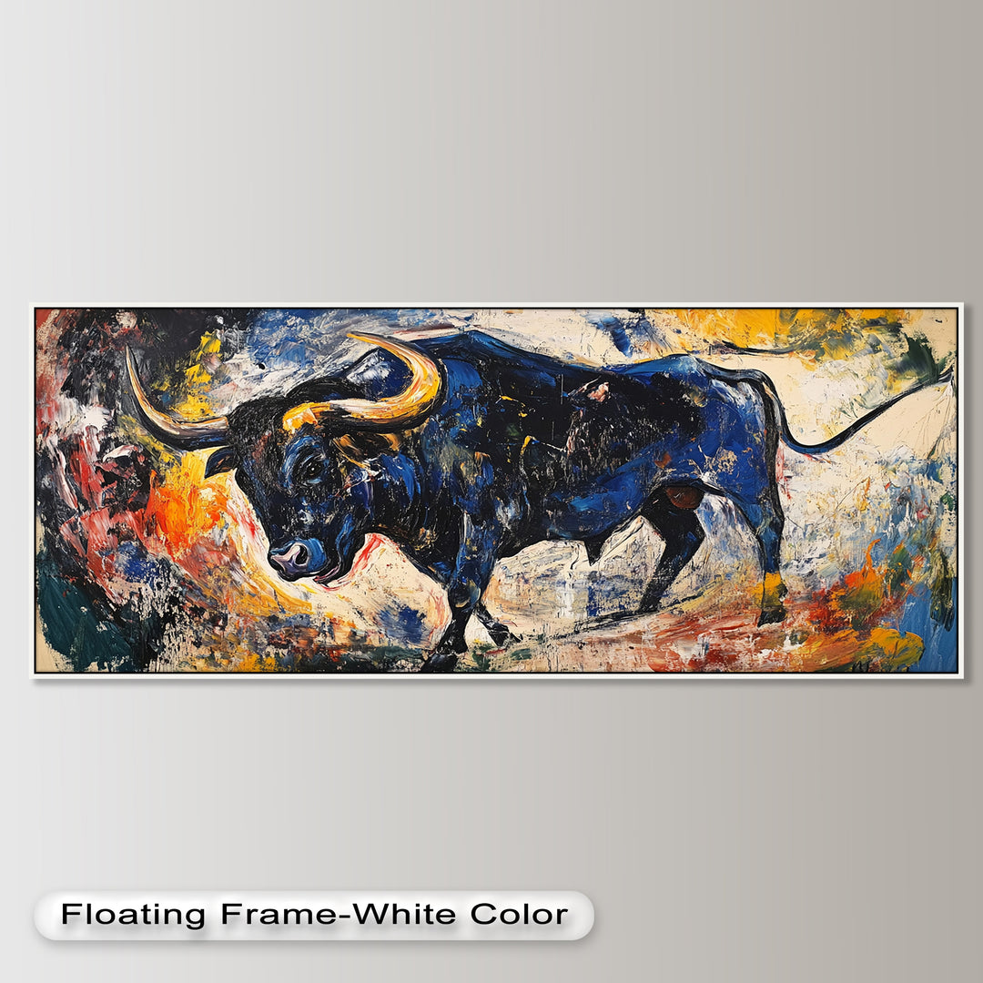 Fierce Blue Bull in Motion – Abstract Oil Painting