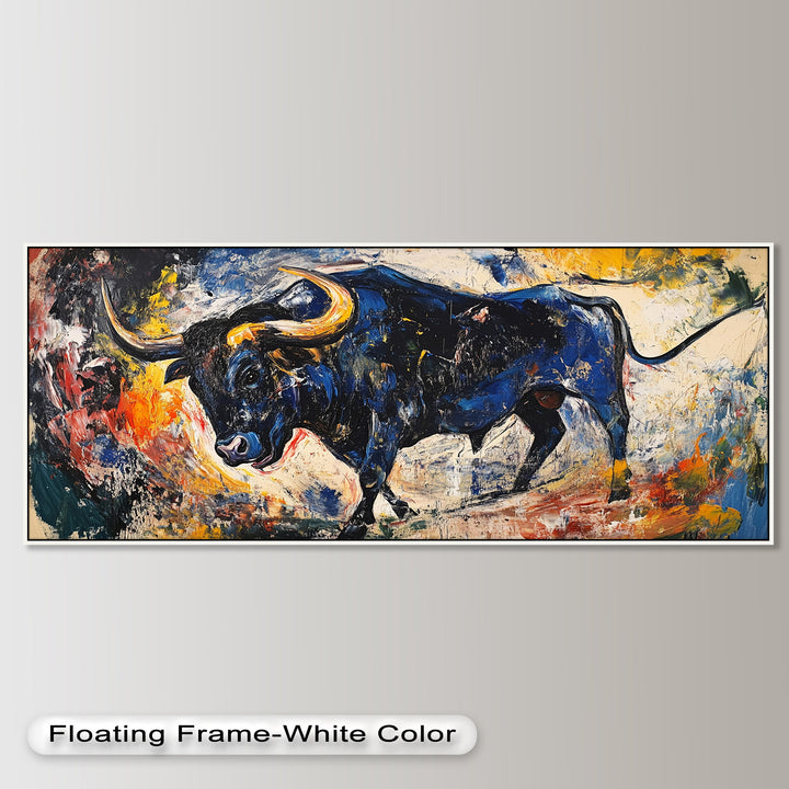 Fierce Blue Bull in Motion – Abstract Oil Painting