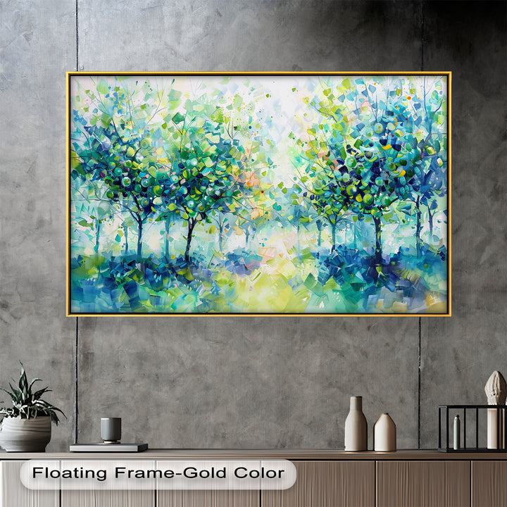 Blue & Green Forest Landscape – Abstract Nature Oil Painting